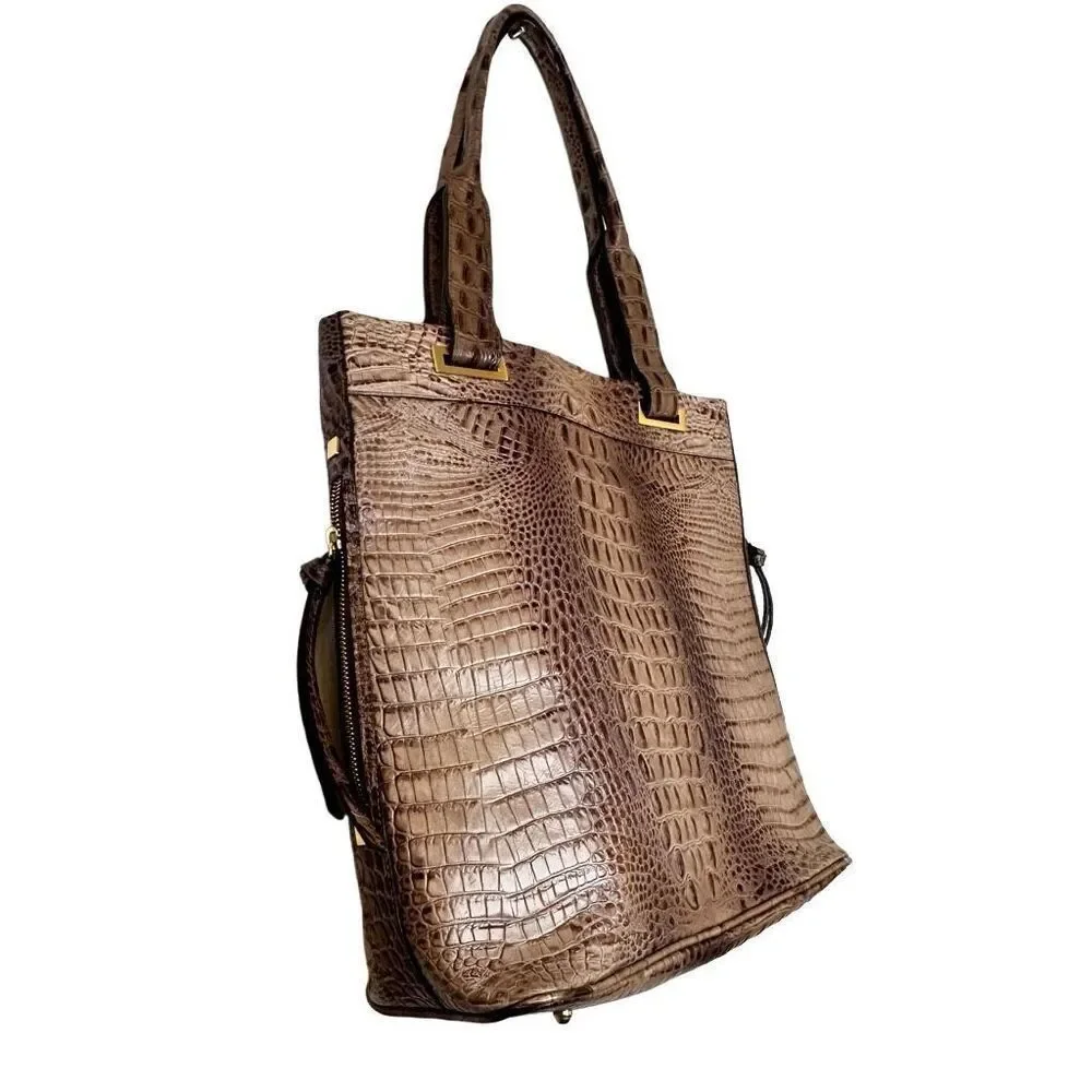 Brahmin Istana Mocha Madison Ave Melbourbe Croc Embossed Top Zip Leather Tote Sh